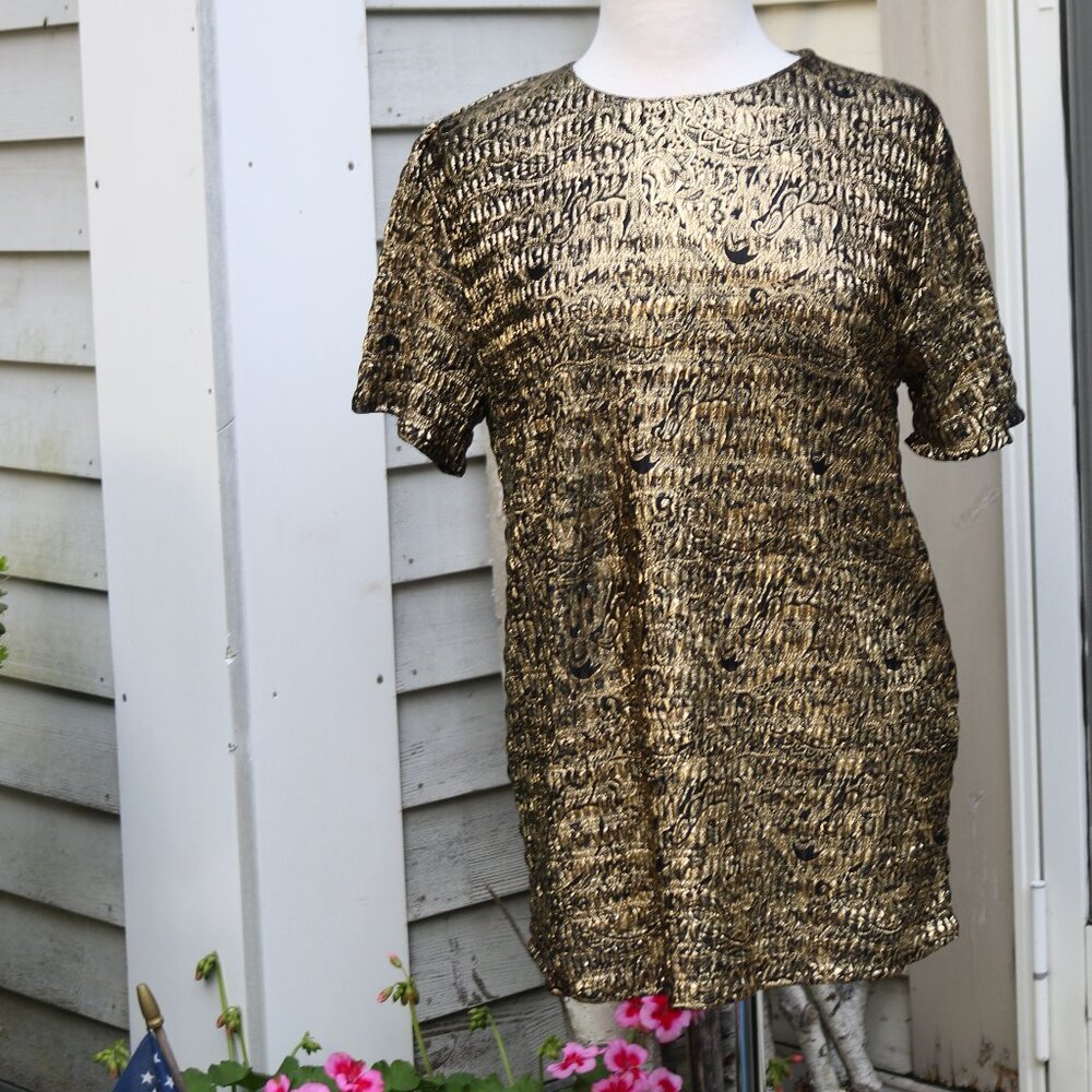 Vintage Notches Gold & Black Textured Metallic Foil Damask Pattern Strerch Top